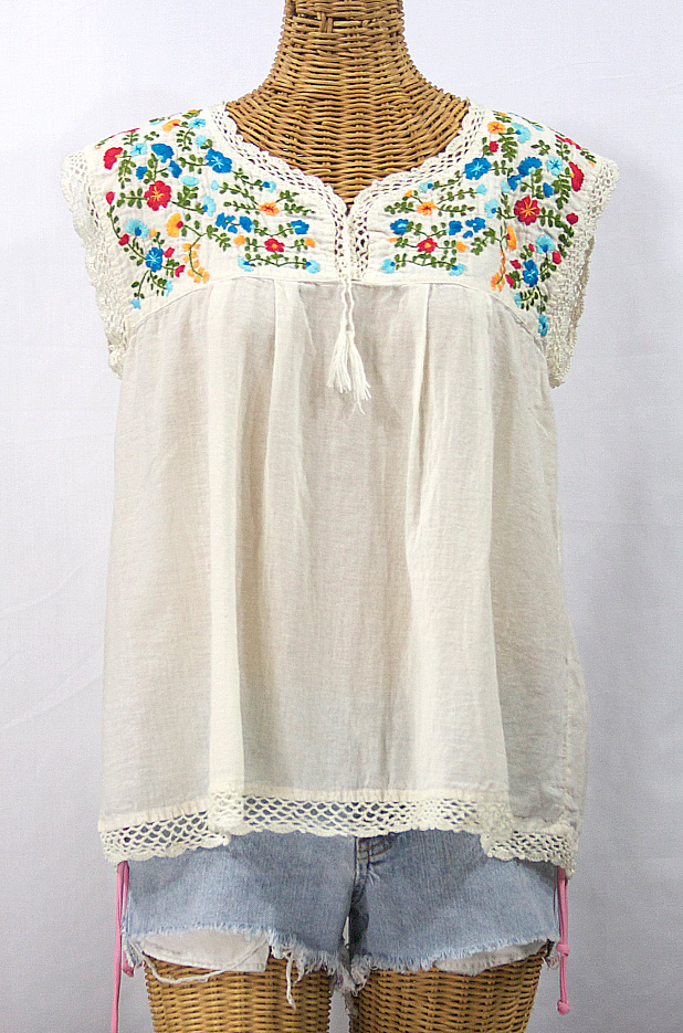 "La Marbrisa" Embroidered Sleeveless Peasant Blouse Top -Off White + Fiesta