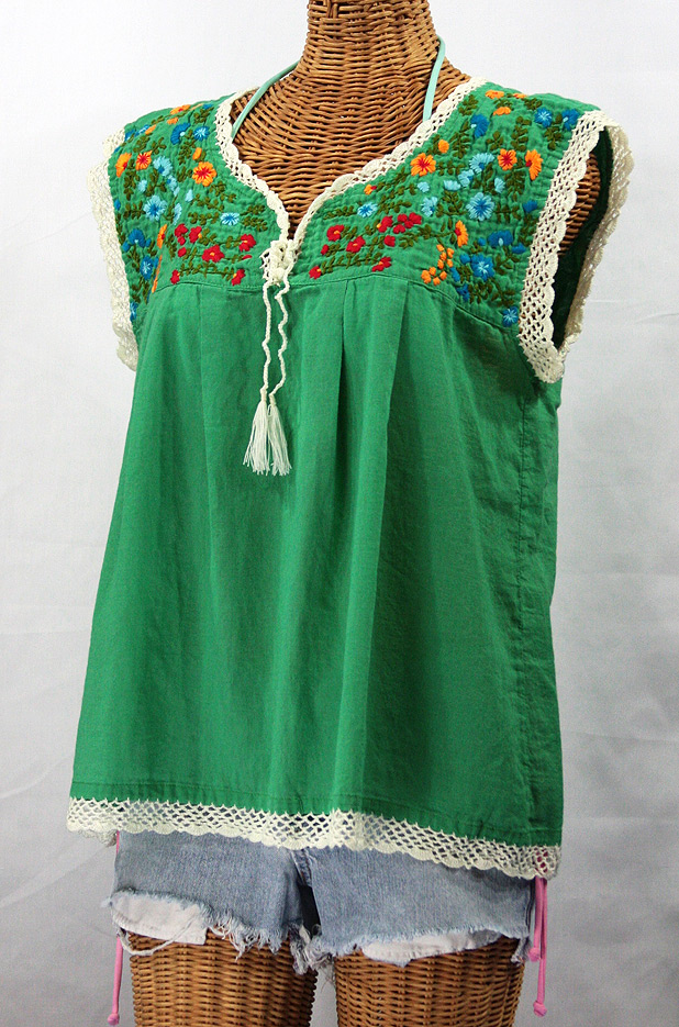 "La Marbrisa" Embroidered Mexican Style Peasant Blouse Top - Green + Fiesta