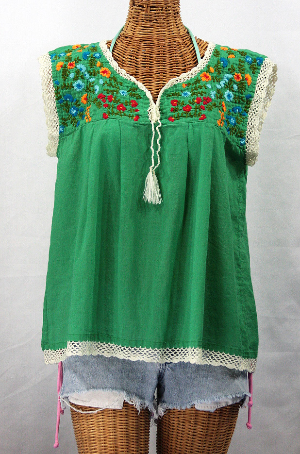 "La Marbrisa" Embroidered Mexican Style Peasant Blouse Top - Green + Fiesta