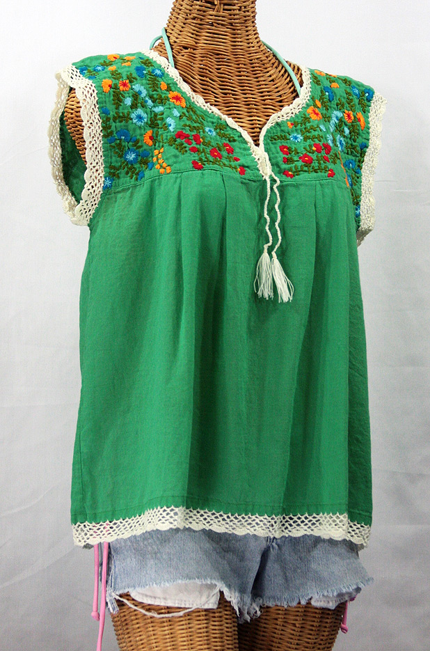 "La Marbrisa" Embroidered Mexican Style Peasant Blouse Top - Green + Fiesta