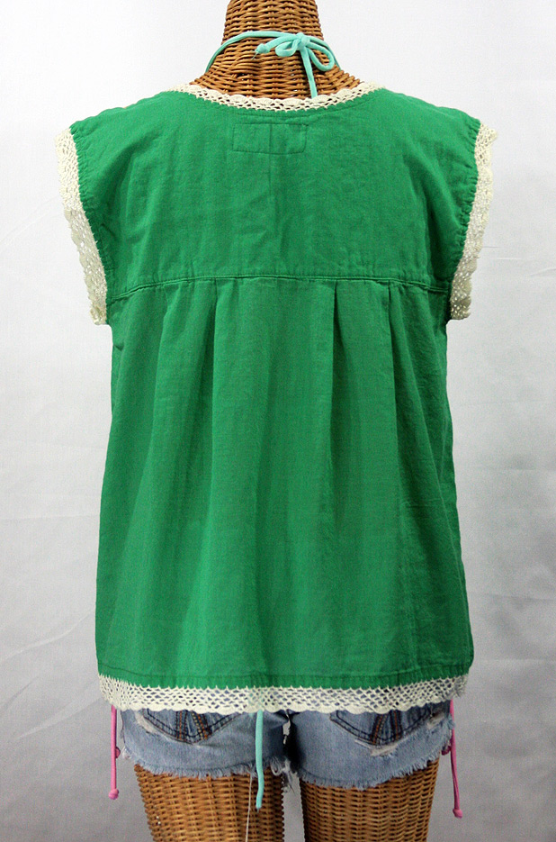 "La Marbrisa" Embroidered Mexican Style Peasant Blouse Top - Green + Fiesta