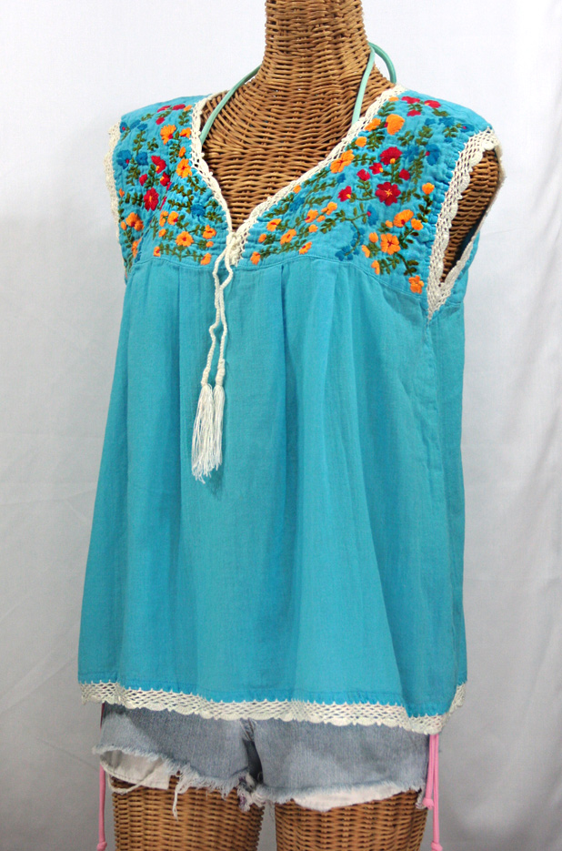 "La Marbrisa" Sleeveless Mexican Blouse -Aqua + Fiesta