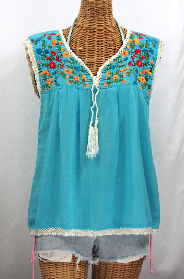 "La Marbrisa" Sleeveless Mexican Blouse -Aqua + Fiesta