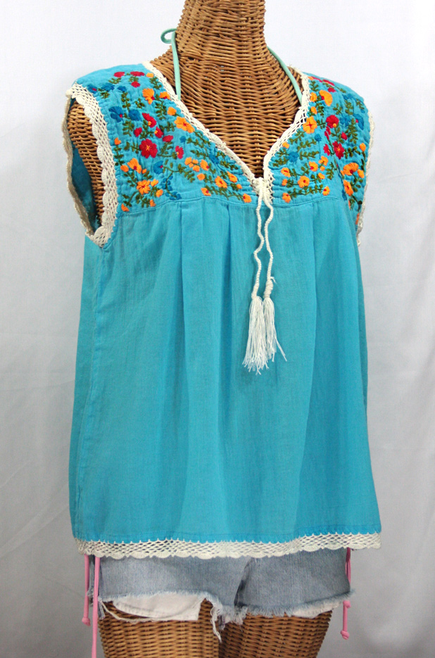 "La Marbrisa" Sleeveless Mexican Blouse -Aqua + Fiesta