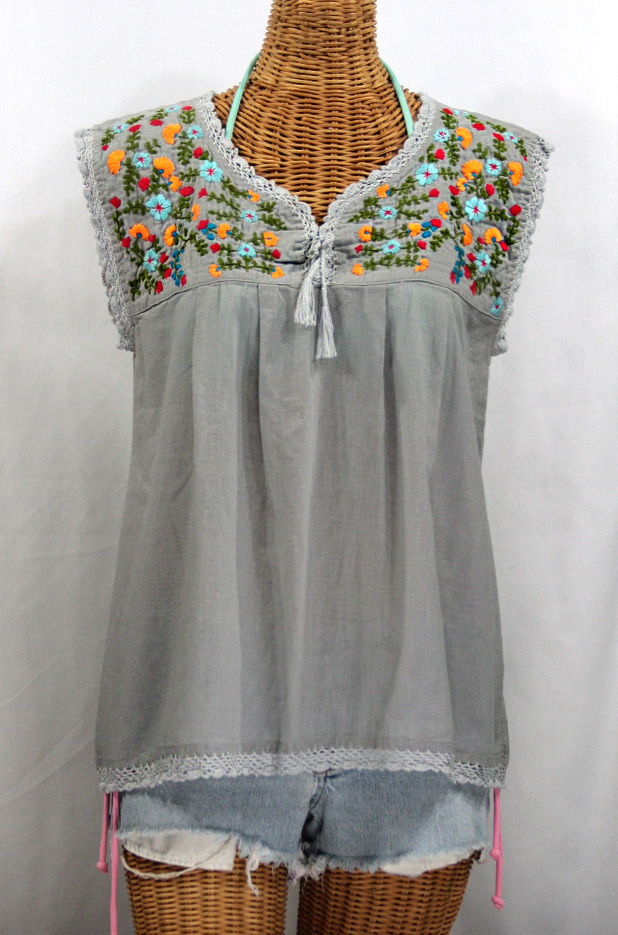 "La Marbrisa" Sleeveless Mexican Blouse -Grey + Fiesta