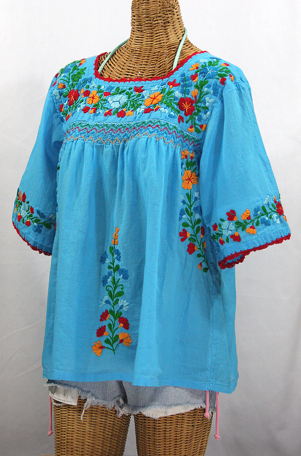 "La Marina" Embroidered Mexican Peasant Blouse -Aqua + Fiesta