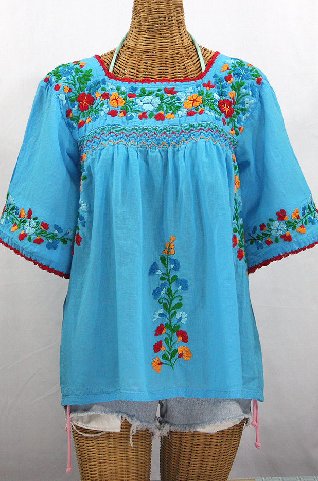 "La Marina" Embroidered Mexican Peasant Blouse -Aqua + Fiesta