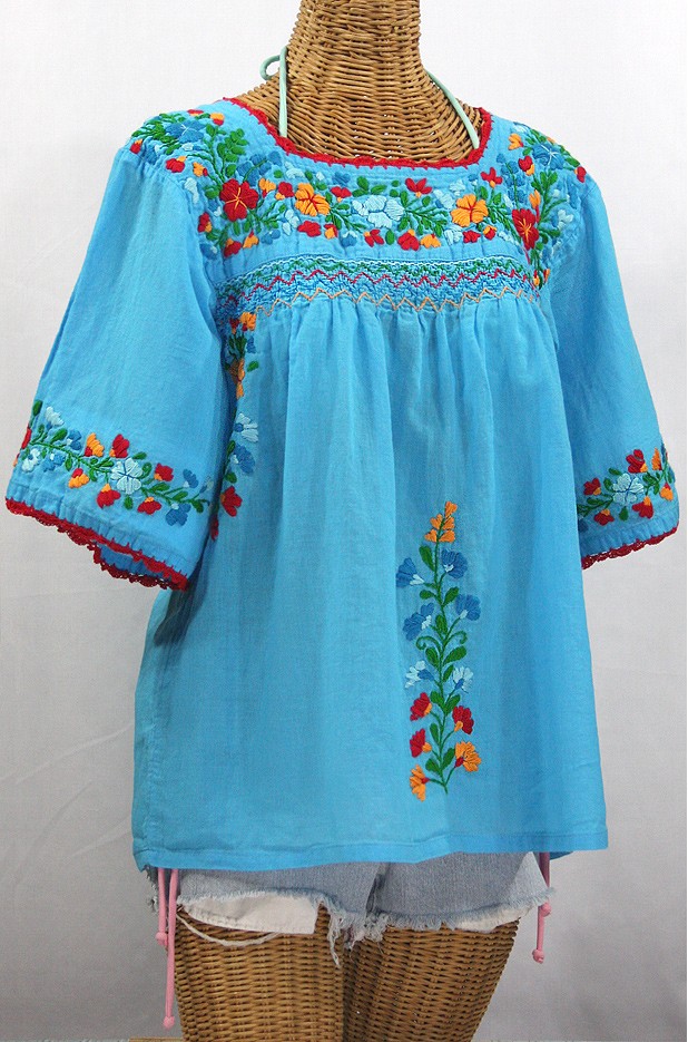 "La Marina" Embroidered Mexican Peasant Blouse -Aqua + Fiesta