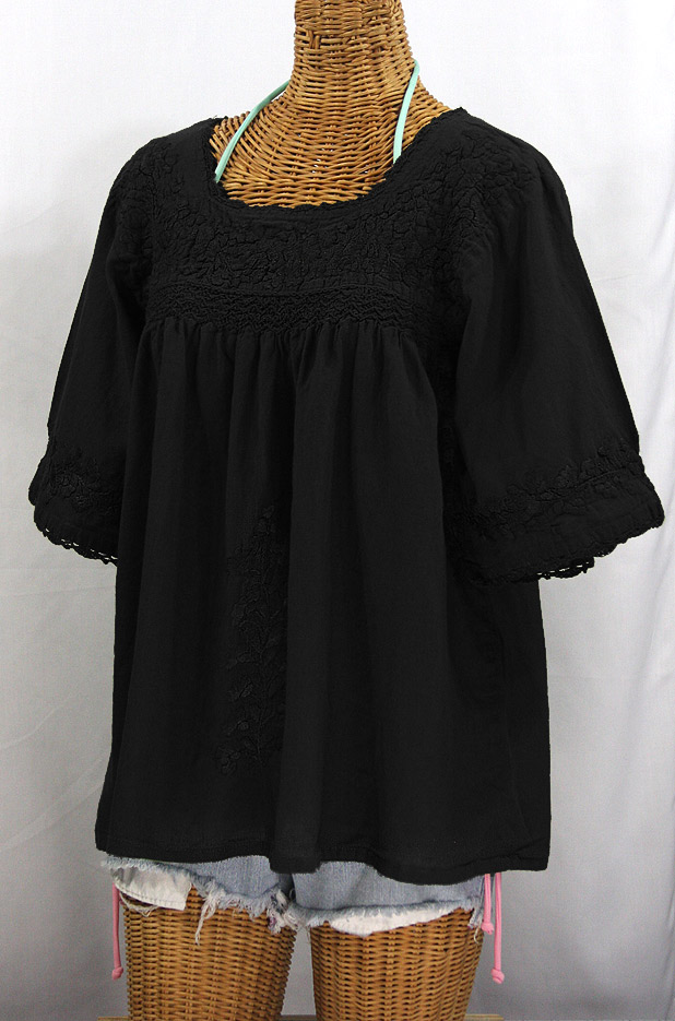 "La Marina" Embroidered Mexican Peasant Blouse - All Black