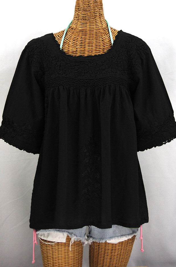 "La Marina" Embroidered Mexican Peasant Blouse - All Black