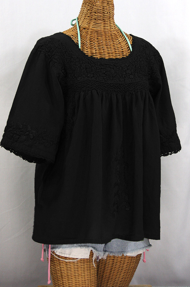 "La Marina" Embroidered Mexican Peasant Blouse - All Black