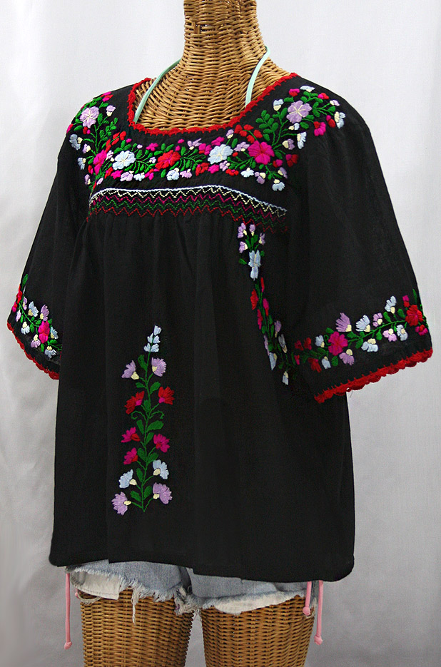 FINAL SALE -- "La Marina" Embroidered Mexican Peasant Blouse -Black + Bright Multi