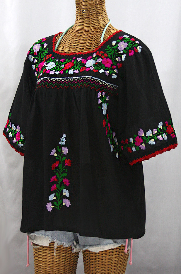 "La Marina" Embroidered Mexican Peasant Blouse -Black + Bright Multi