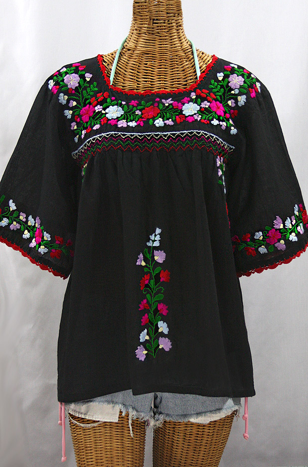 FINAL SALE -- "La Marina" Embroidered Mexican Peasant Blouse -Black + Bright Multi