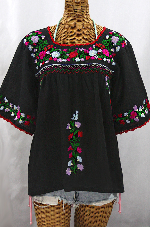 "La Marina" Embroidered Mexican Peasant Blouse -Black + Bright Multi