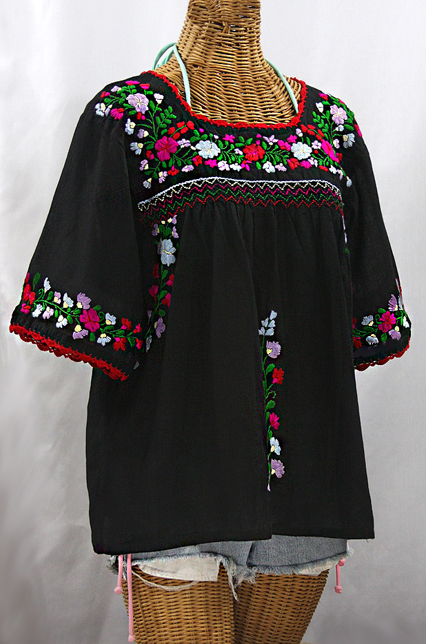 "La Marina" Embroidered Mexican Peasant Blouse -Black + Bright Multi