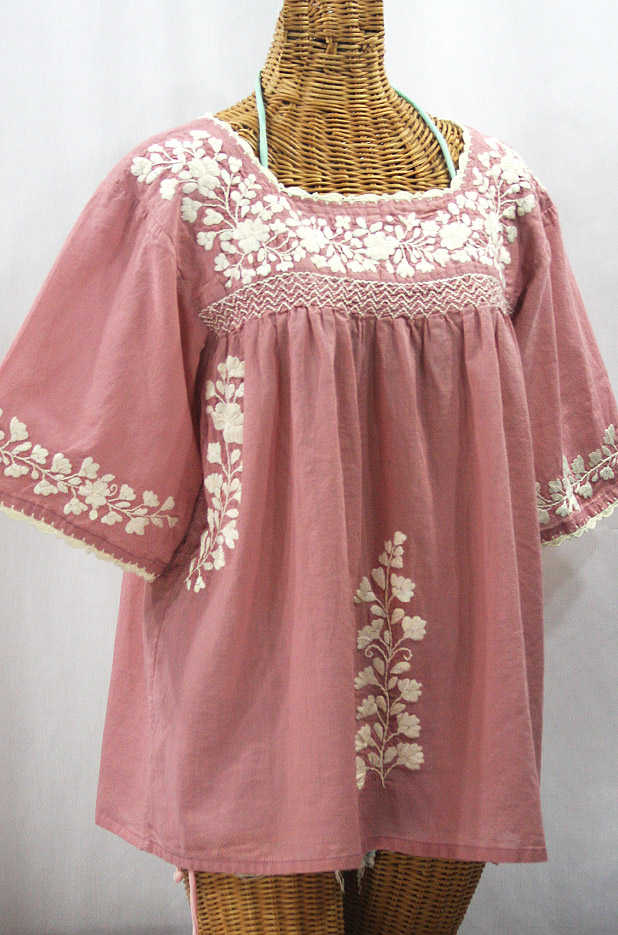 "La Marina" Embroidered Mexican Style Peasant Top - Dusty Light Pink + Cream