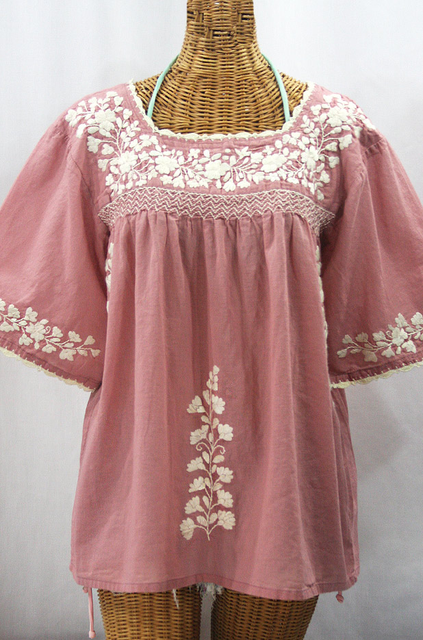 "La Marina" Embroidered Mexican Style Peasant Top - Dusty Light Pink + Cream