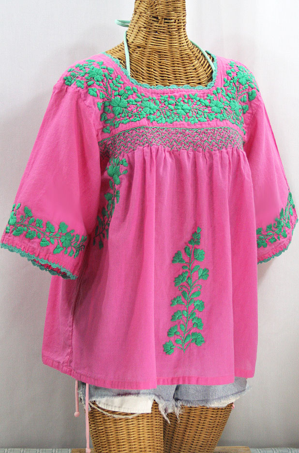 "La Marina" Embroidered Mexican Peasant Blouse -Pink + Mint