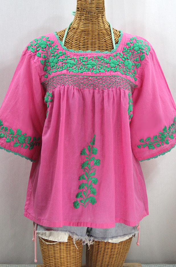 "La Marina" Embroidered Mexican Peasant Blouse -Pink + Mint