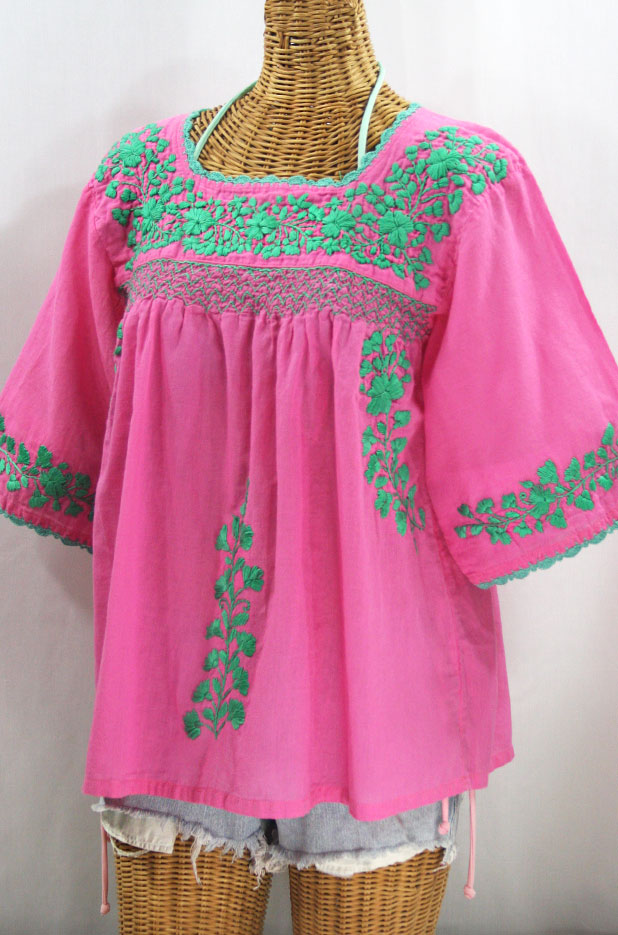 "La Marina" Embroidered Mexican Peasant Blouse -Pink + Mint