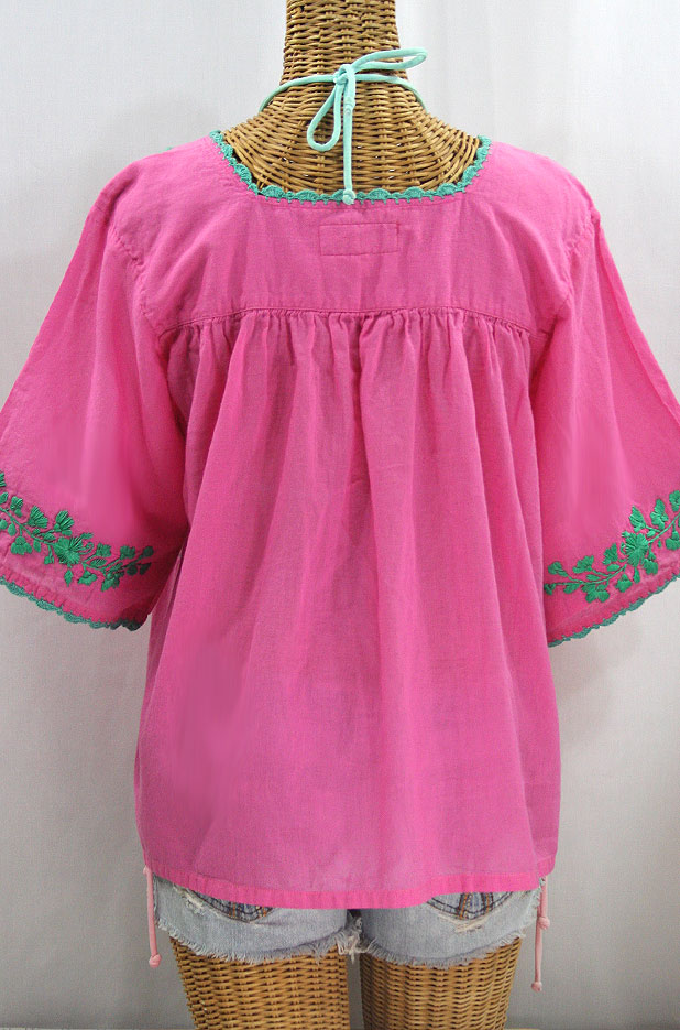 "La Marina" Embroidered Mexican Peasant Blouse -Pink + Mint