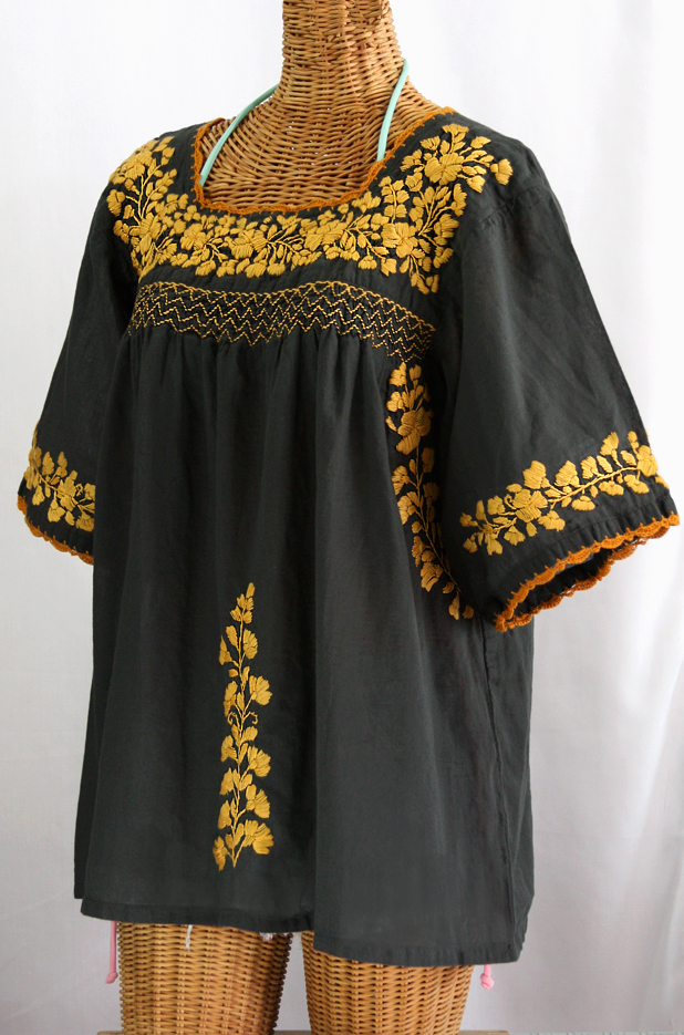 "La Marina" Embroidered Mexican Blouse - Charcoal + Goldenrod Embroidery