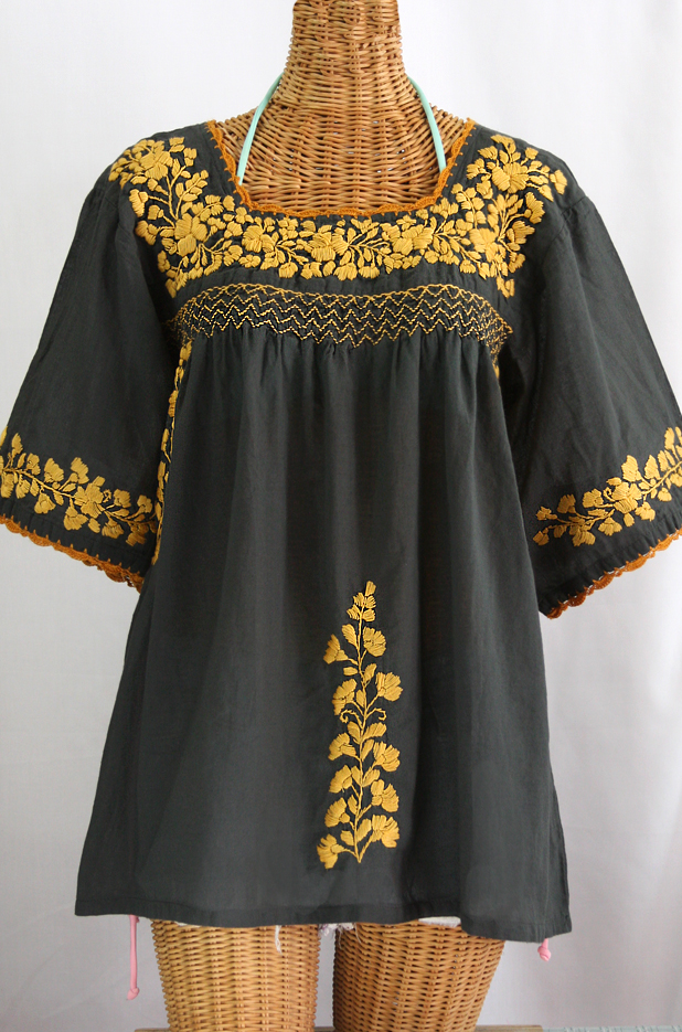 "La Marina" Embroidered Mexican Blouse - Charcoal + Goldenrod Embroidery