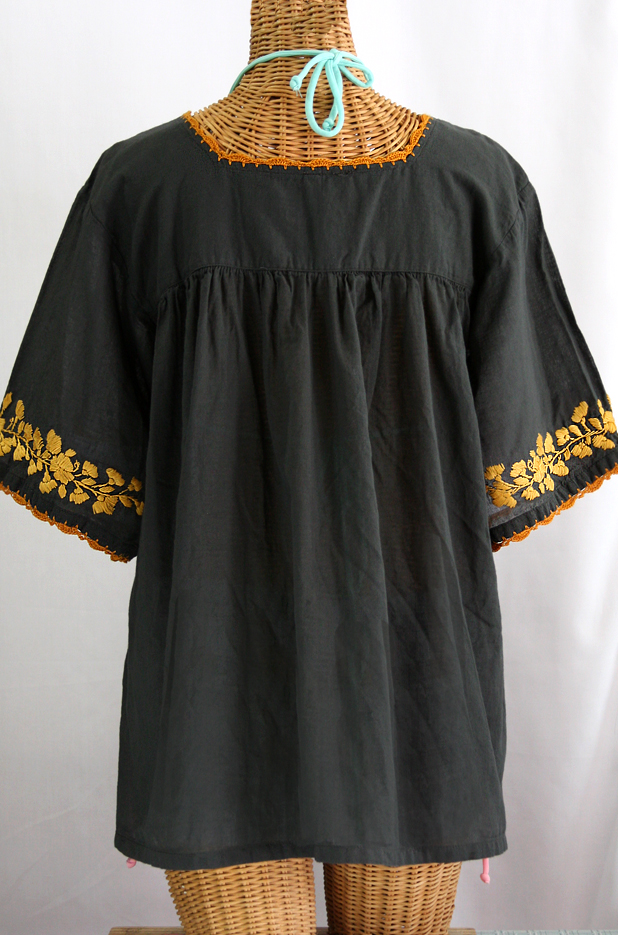 "La Marina" Embroidered Mexican Blouse - Charcoal + Goldenrod Embroidery