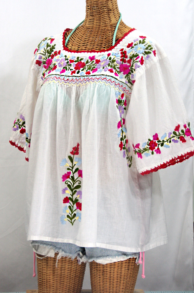 "La Marina" Mexican Embroidered Peasant Blouse -Classic White