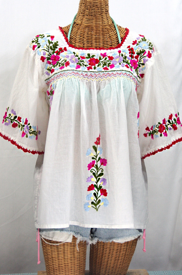 "La Marina" Mexican Embroidered Peasant Blouse -Classic White