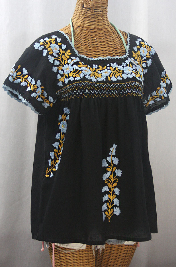 "La Marina Corta" Embroidered Mexican Peasant Blouse - Black + Ice Blue