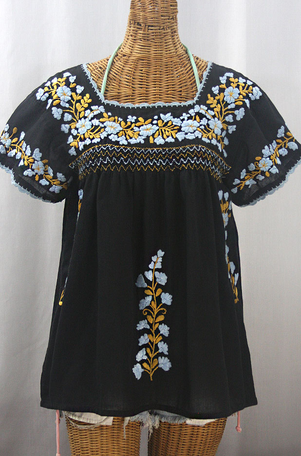 "La Marina Corta" Embroidered Mexican Peasant Blouse - Black + Ice Blue