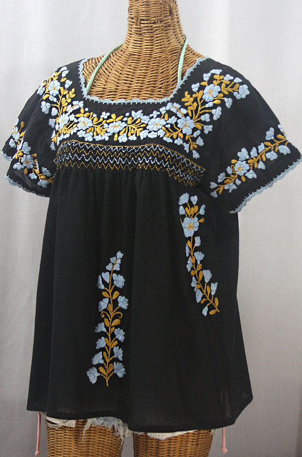 "La Marina Corta" Embroidered Mexican Peasant Blouse - Black + Ice Blue