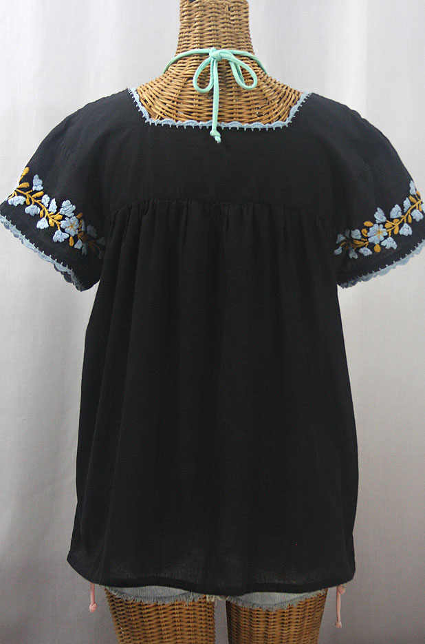 "La Marina Corta" Embroidered Mexican Peasant Blouse - Black + Ice Blue