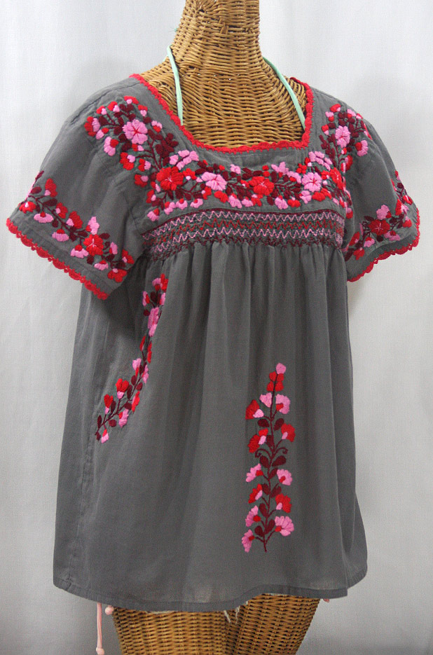 "La Marina Corta" Embroidered Mexican Peasant Blouse - Medium Grey + Red Multi