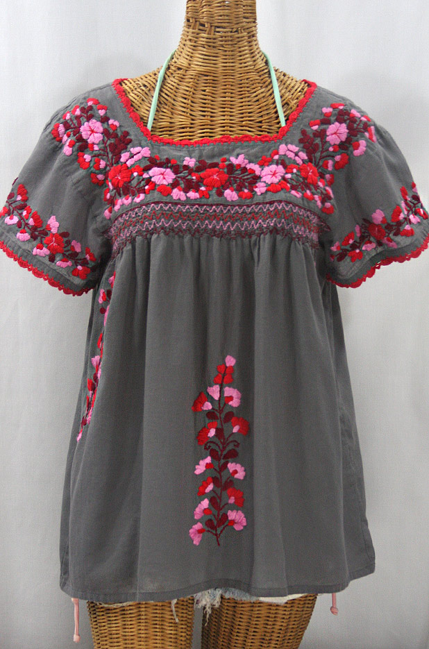 "La Marina Corta" Embroidered Mexican Peasant Blouse - Medium Grey + Red Multi