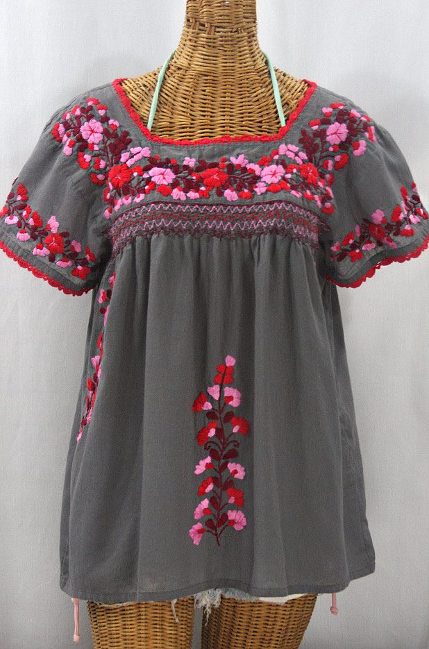 "La Marina Corta" Embroidered Mexican Peasant Blouse - Medium Grey + Red Multi