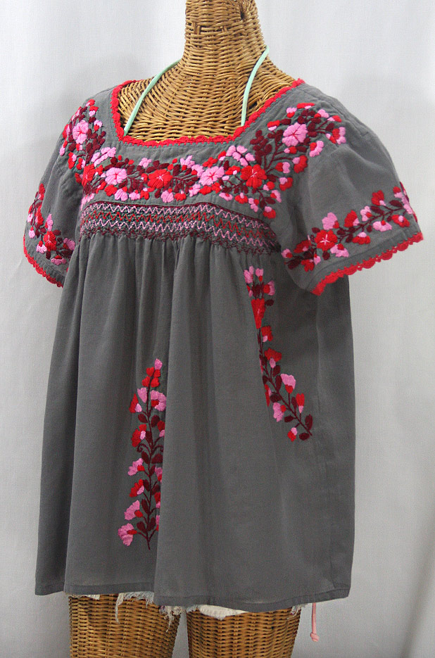 "La Marina Corta" Embroidered Mexican Peasant Blouse - Medium Grey + Red Multi