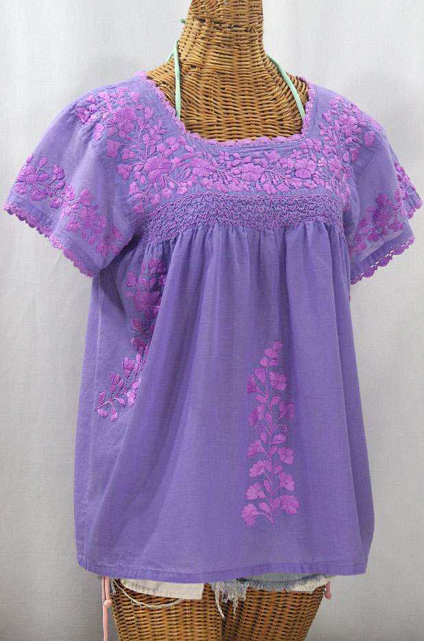 "La Marina Corta" Embroidered Mexican Peasant Blouse - Light Purple + Purple