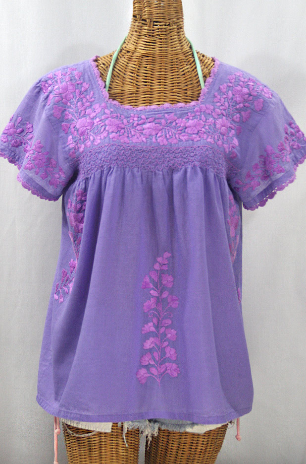 "La Marina Corta" Embroidered Mexican Peasant Blouse - Light Purple + Purple