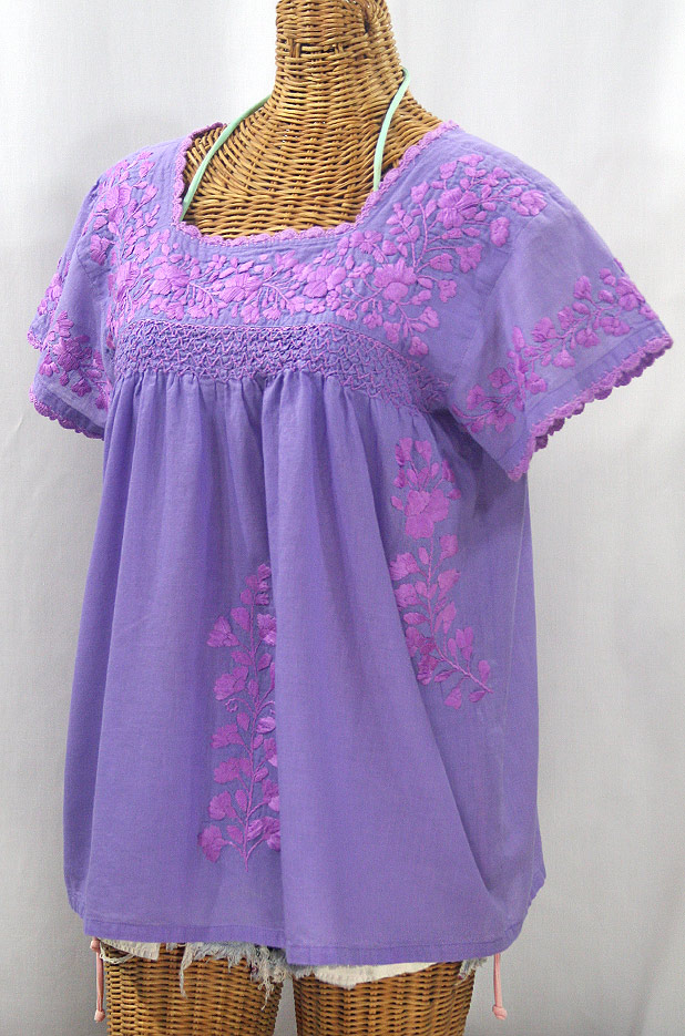 "La Marina Corta" Embroidered Mexican Peasant Blouse - Light Purple + Purple