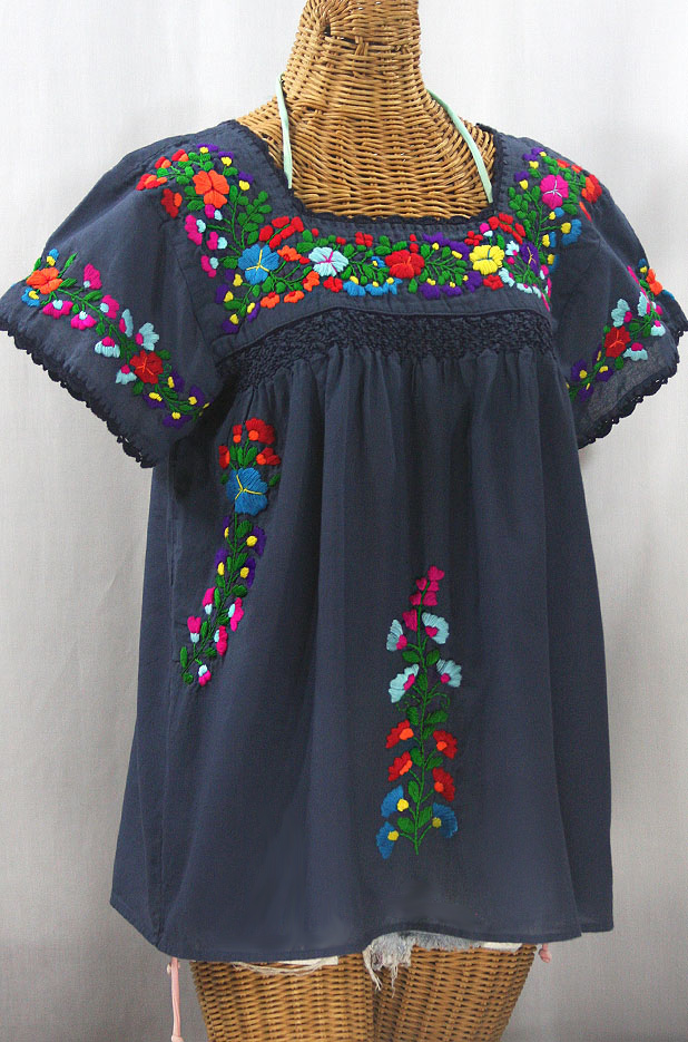 "La Marina Corta" Embroidered Mexican Peasant Blouse - Navy + Rainbow