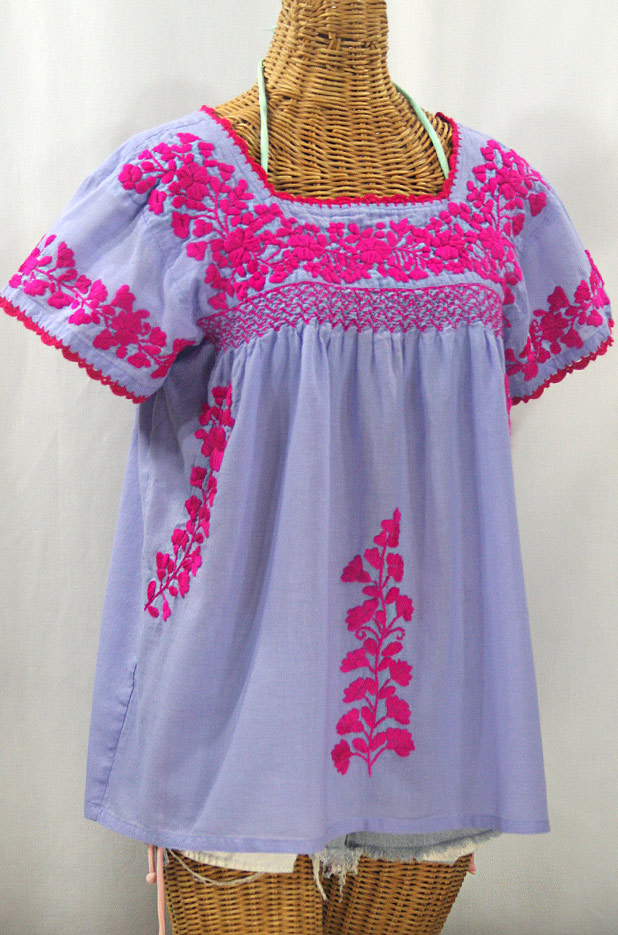 "La Marina Corta" Embroidered Mexican Peasant Blouse - Periwinkle + Magenta