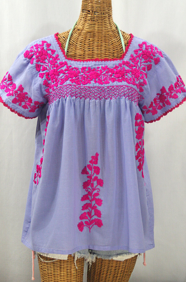 "La Marina Corta" Embroidered Mexican Peasant Blouse - Periwinkle + Magenta