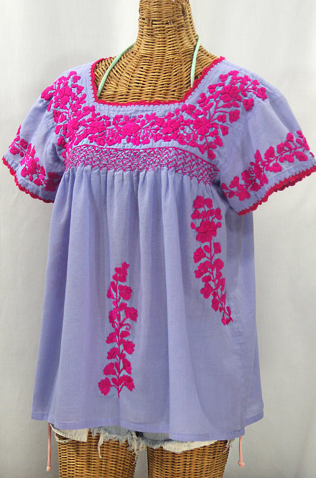 "La Marina Corta" Embroidered Mexican Peasant Blouse - Periwinkle + Magenta