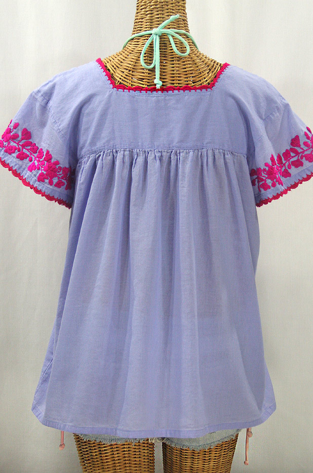 "La Marina Corta" Embroidered Mexican Peasant Blouse - Periwinkle + Magenta