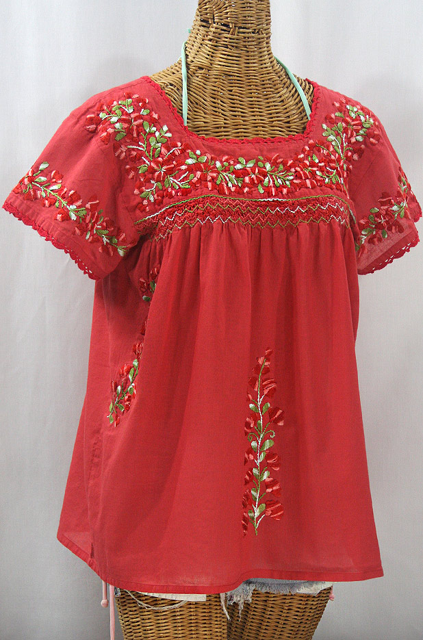 "La Marina Corta" Embroidered Mexican Peasant Blouse - Tomato Red + Variegated Red and Green