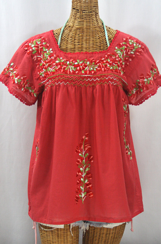 "La Marina Corta" Embroidered Mexican Peasant Blouse - Tomato Red + Variegated Red and Green