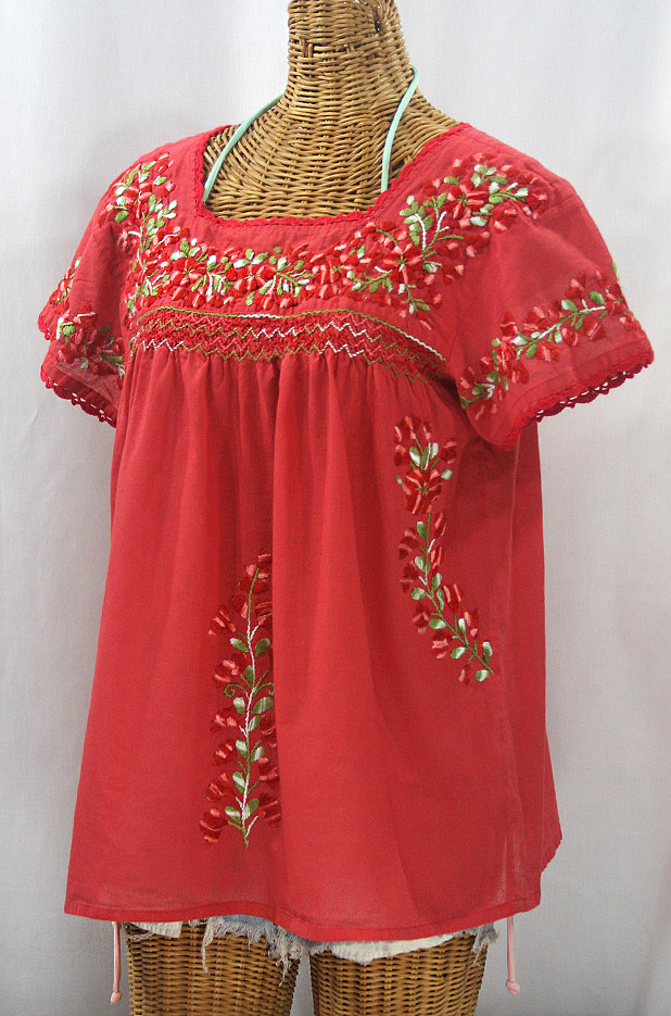 "La Marina Corta" Embroidered Mexican Peasant Blouse - Tomato Red + Variegated Red and Green